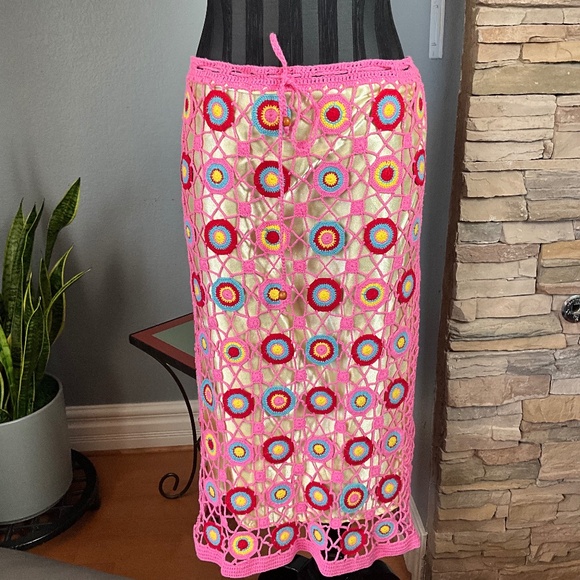 Vintage Dresses & Skirts - Vintage 90s Y2K Crochet Midi Skirt Indie Boho Hippie Fairy Artsy Tie Waist Beach